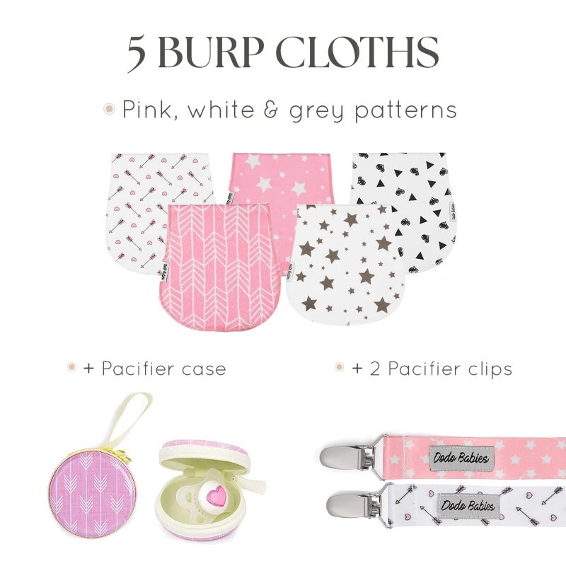 Dodo Babies 5-Pack Baby Burp Cloths - Soft & Absorbent Baby Spitup Cloths - Contoured Shape for Infant Essentials - Includes Pacifier Clips & Pacifier Case - 19 x 9 in, 2 Clips & Case, Pink/White/Grey - Image 2